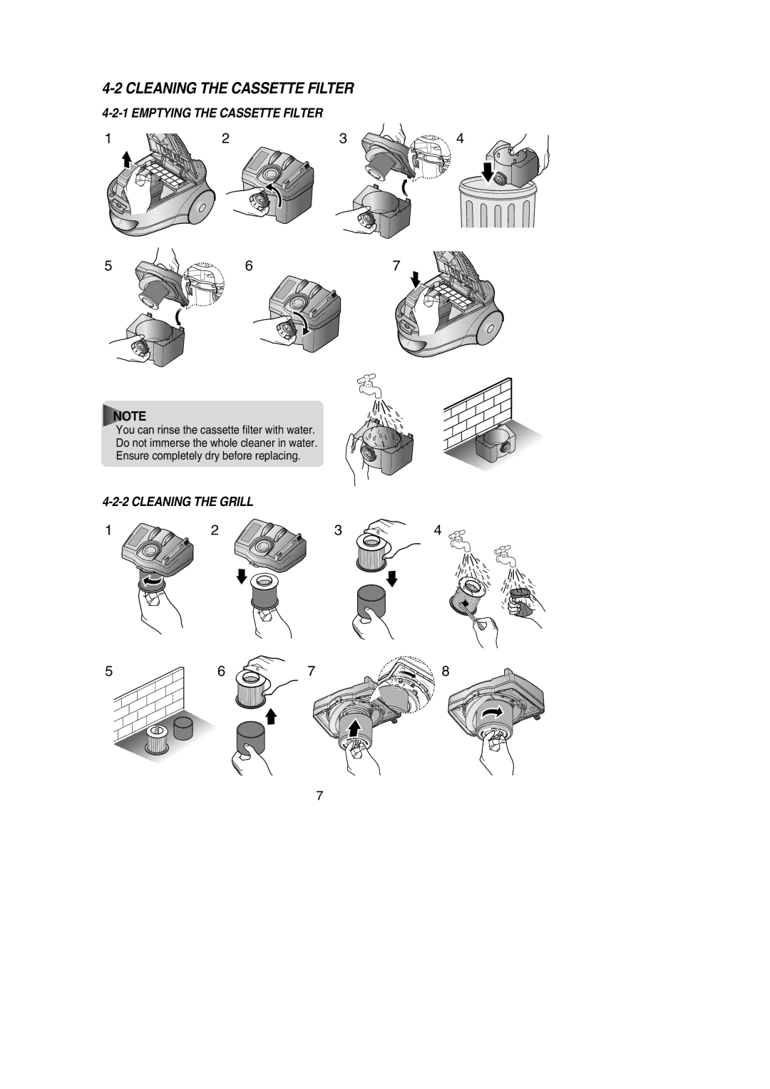 Samsung VCC7820V2B/UMG, VCC7840V3R/XEG, VCC7890H3R/XSG manual Cleaning the Cassette Filter, Emptying the Cassette Filter 