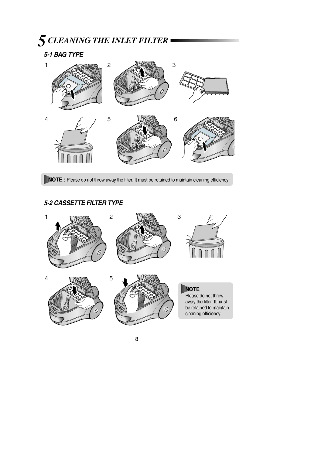 Samsung VCC7860H3R/XSG, VCC7840V3R/XEG, VCC7890H3R/XSG manual 5CLEANING the Inlet Filter, BAG Type Cassette Filter Type 