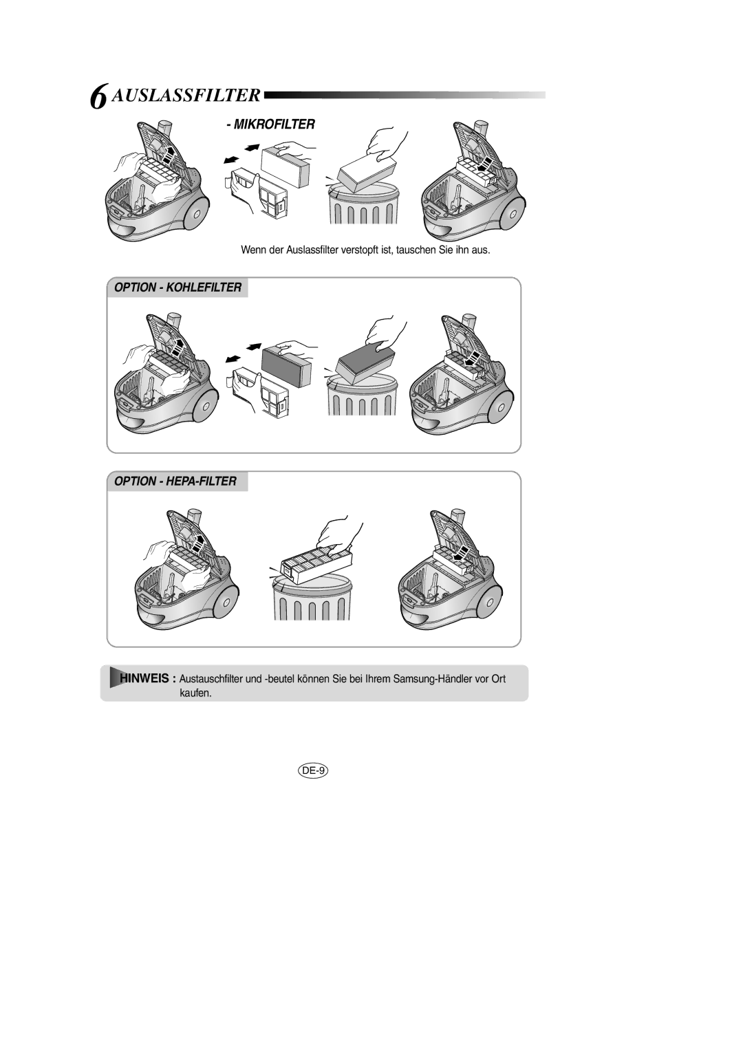 Samsung VCC7870V3N/XEF, VCC7846V3G/XEG, VCC7840V3R/XEG, VCC7866H32/XEG, VCC7870V3B/XEG manual Auslassfilter, Mikrofilter 