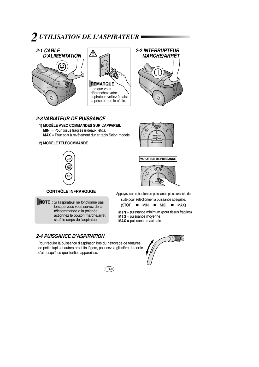 Samsung VCC7870V3B/XEG manual Utilisation DE L’ASPIRATEUR, Variateur DE Puissance, Puissance D’ASPIRATION, Remarque 