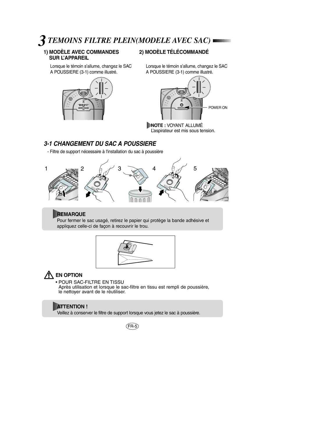 Samsung VCC7848V3K/XEG, VCC7846V3G/XEG manual Temoins Filtre Pleinmodele Avec SAC, Changement DU SAC a Poussiere, EN Option 