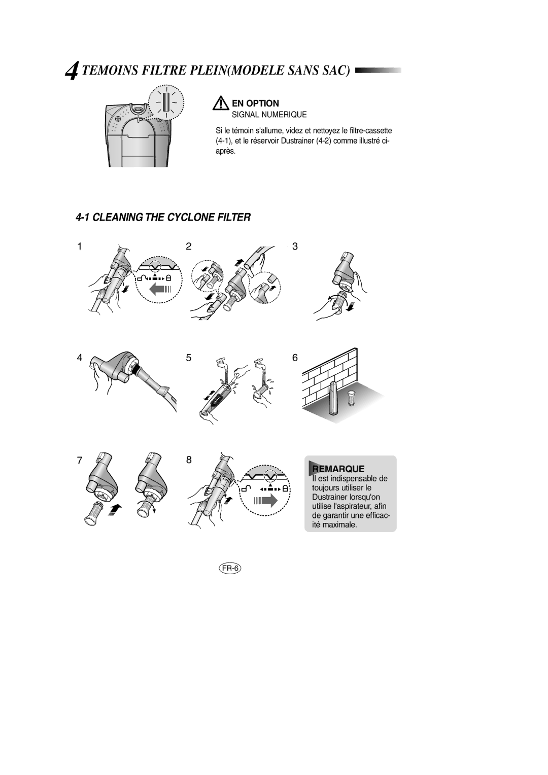 Samsung VCC7870V4N/XEU, VCC7846V3G/XEG Temoins Filtre Pleinmodele Sans SAC, Cleaning the Cyclone Filter, Signal Numerique 