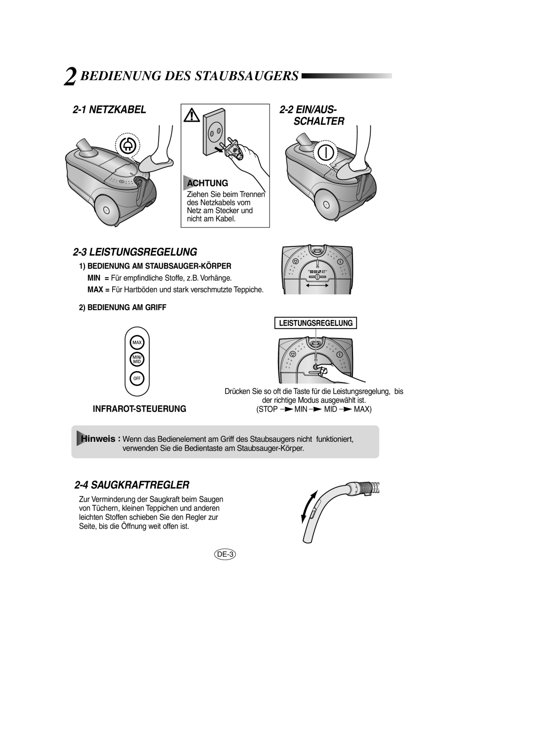 Samsung VCC7868H3K/XEG, VCC7846V3G/XEG Bedienung DES Staubsaugers, Netzkabel, Schalter Leistungsregelung, Saugkraftregler 