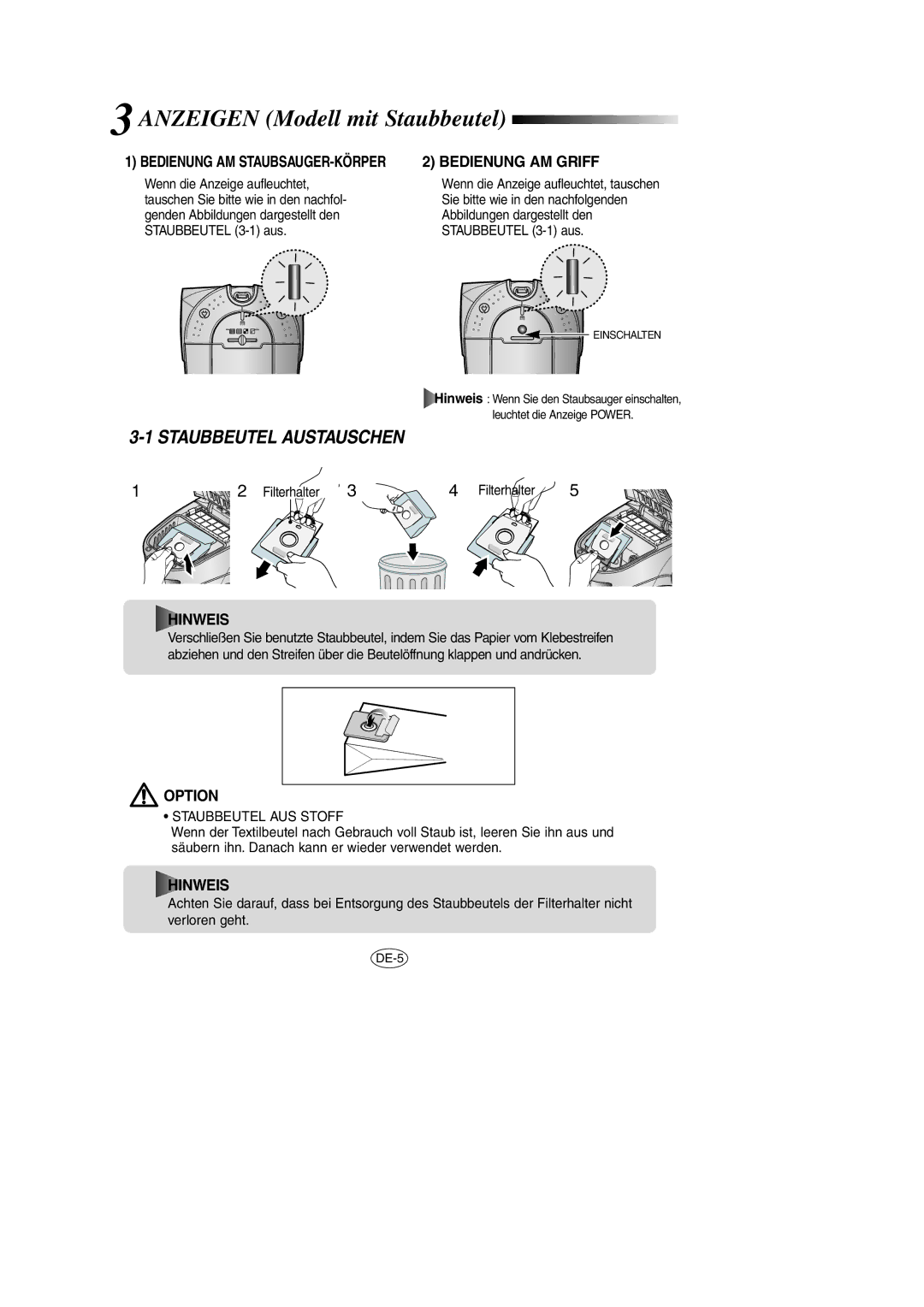 Samsung VCC7870V4N/XEU manual Staubbeutel Austauschen, Hinweis, Option, Bedienung AM STAUBSAUGER-KÖRPER Bedienung AM Griff 