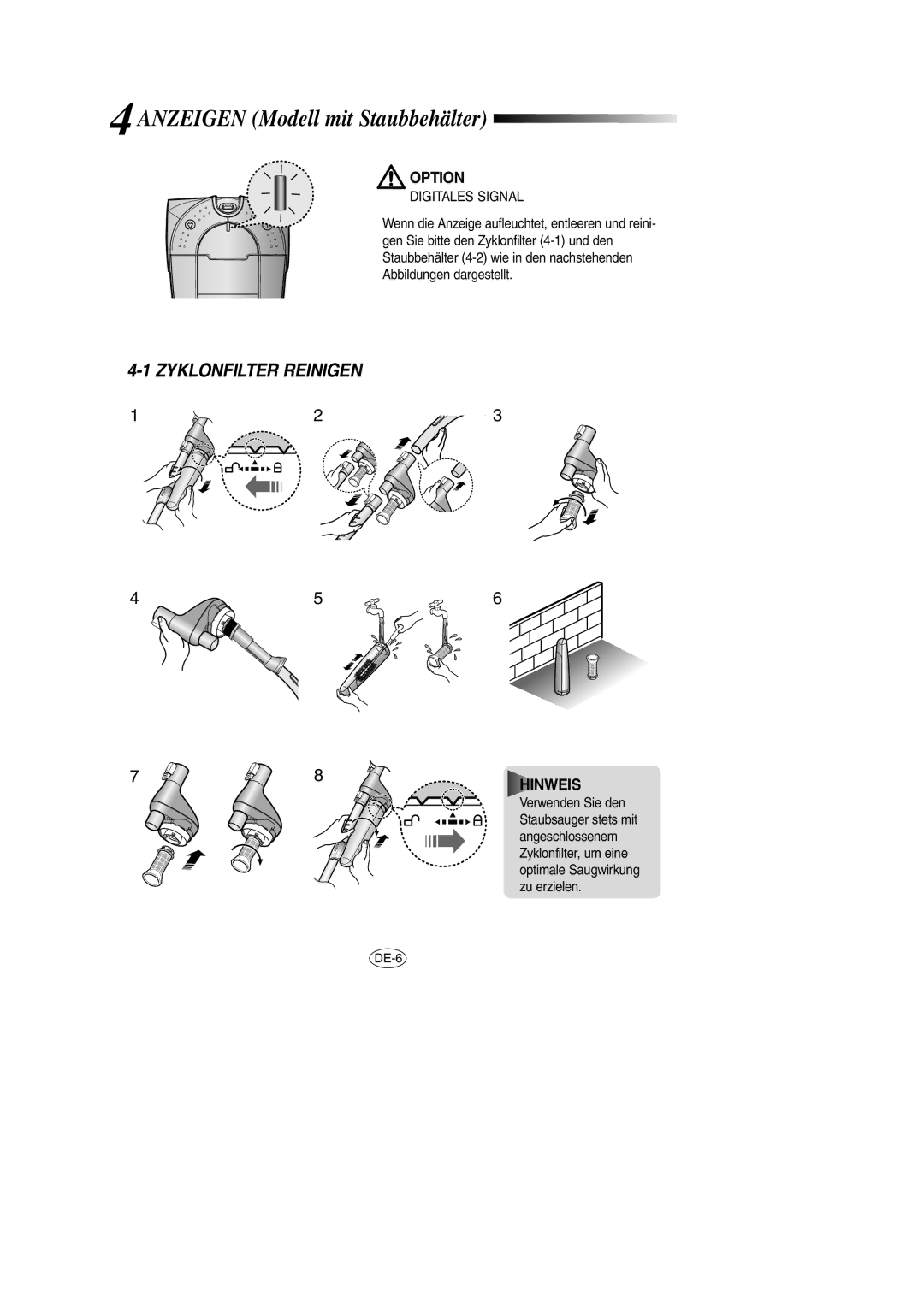 Samsung VCC7860H3B/XEG, VCC7846V3G/XEG, VCC7840V3R/XEG, VCC7866H32/XEG manual Zyklonfilter Reinigen, Digitales Signal 