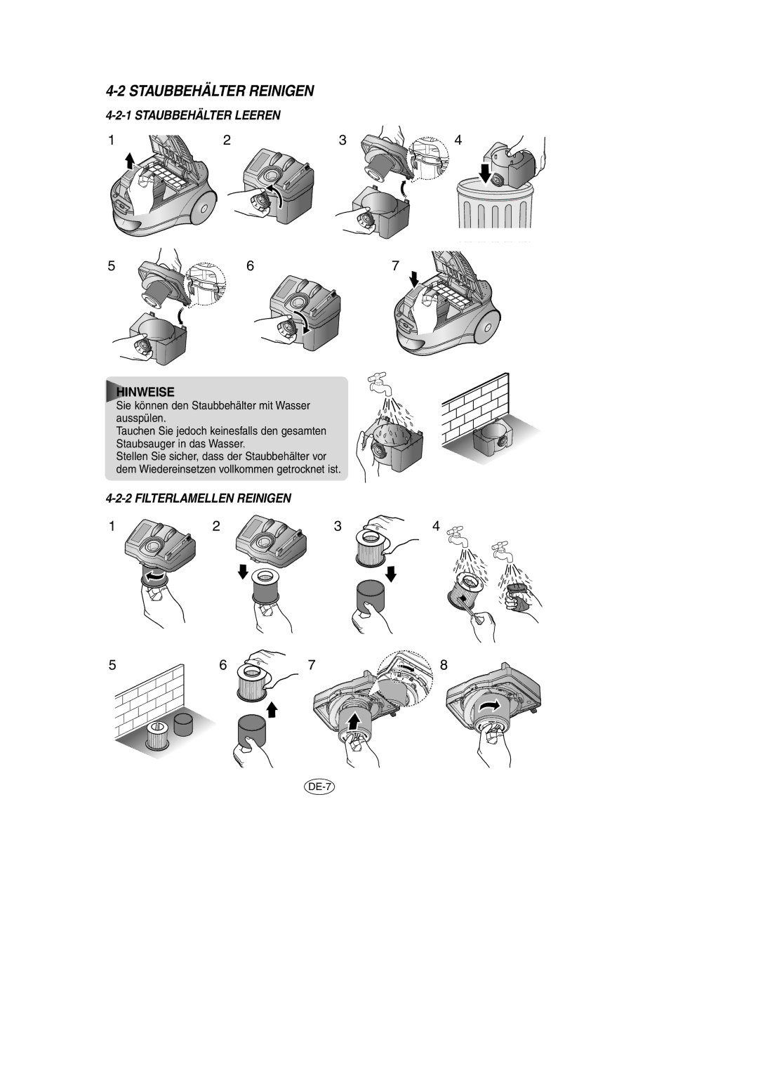 Samsung VCC7840V3R/XEF, VCC7846V3G/XEG, VCC7840V3R/XEG, VCC7866H32/XEG, VCC7870V3B/XEG manual Staubbehälter Reinigen, Hinweise 