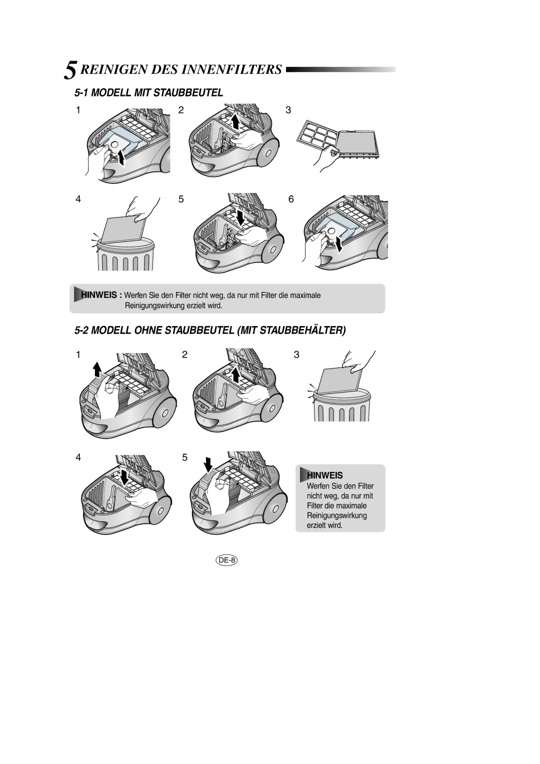 Samsung VCC7840V3R/GEN manual Reinigen DES Innenfilters, Modell MIT Staubbeutel, Modell Ohne Staubbeutel MIT Staubbehälter 