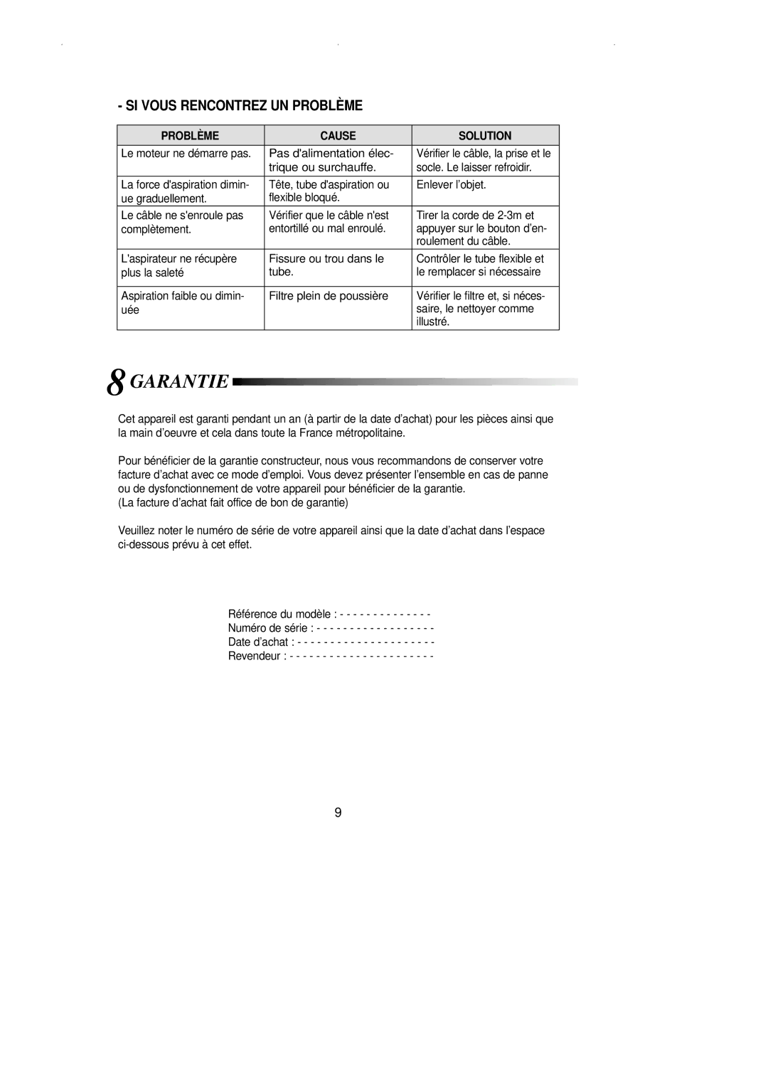 Samsung VCC7850V3B/XEF, VCC7870V3N/XEF manual Garantie, SI Vous Rencontrez UN Problème 