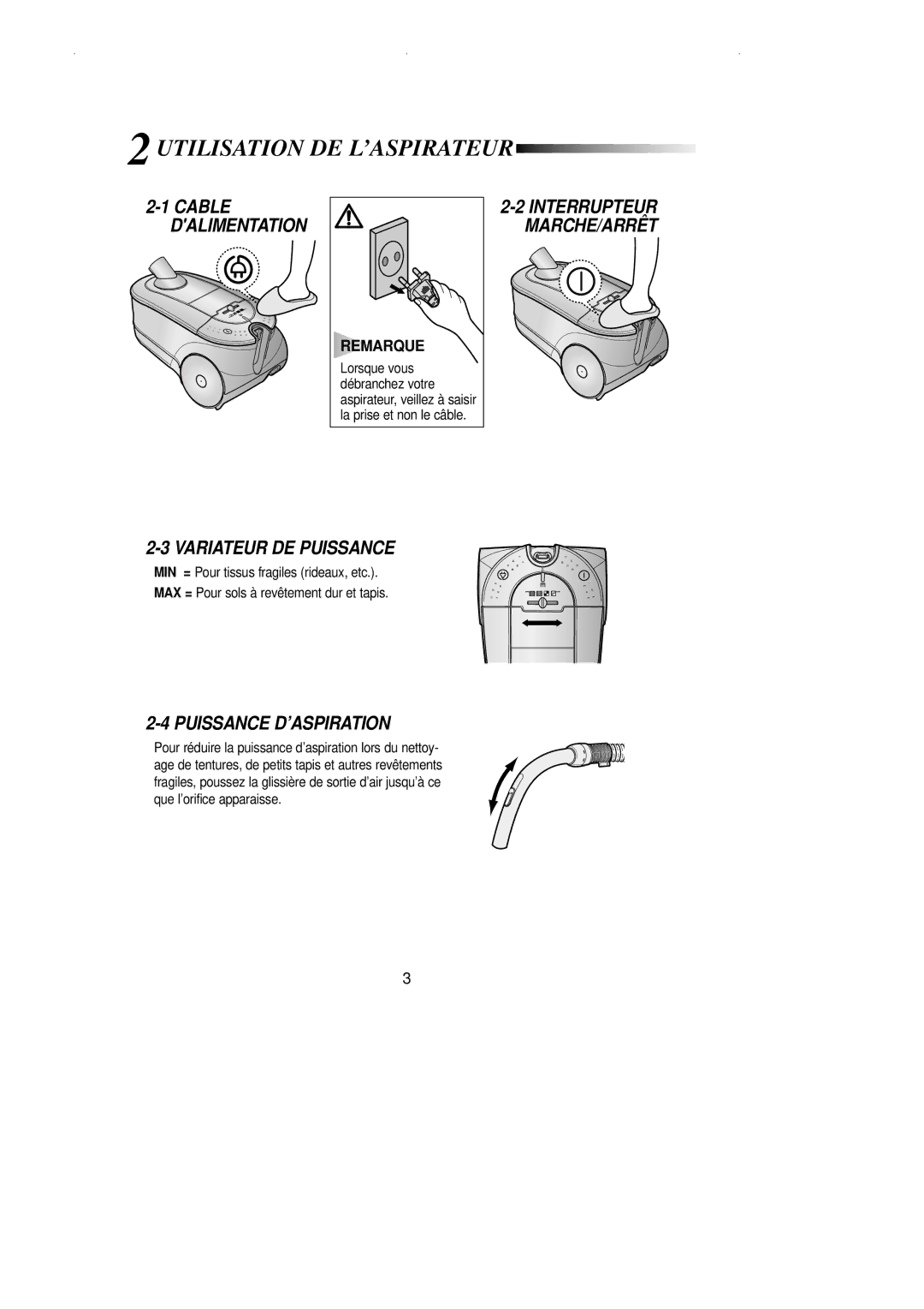 Samsung VCC7850V3B/XEF, VCC7870V3N/XEF manual Utilisation DE L’ASPIRATEUR, Variateur DE Puissance, Puissance D’ASPIRATION 