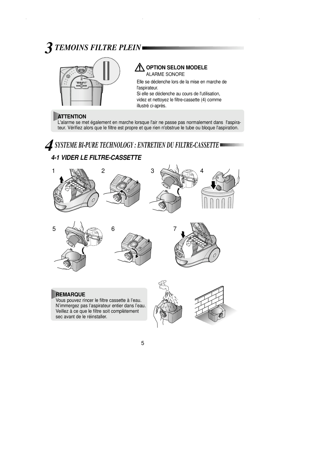 Samsung VCC7850V3B/XEF, VCC7870V3N/XEF manual Vider LE FILTRE-CASSETTE, Temoins Filtre Plein 