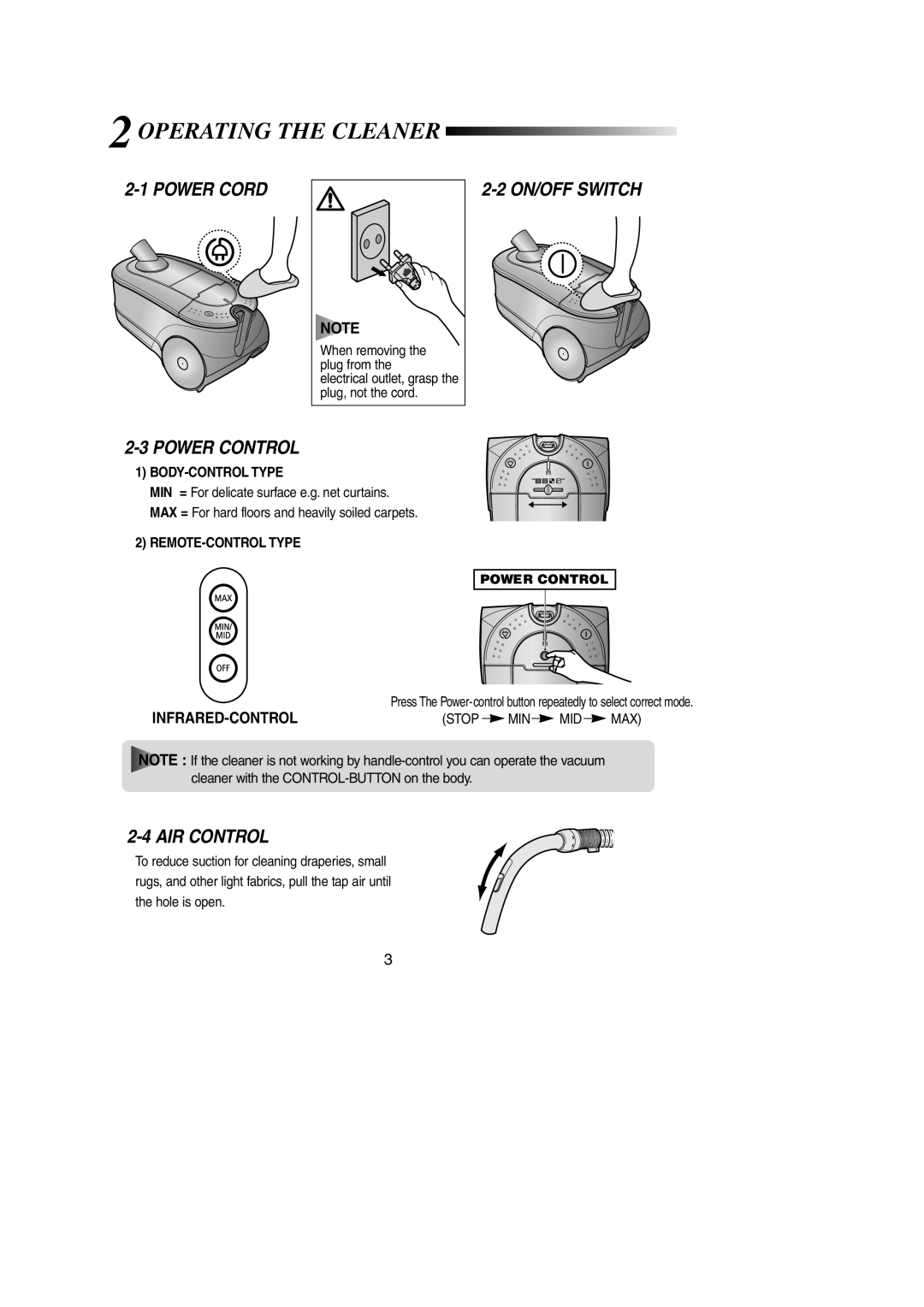 Samsung VCC7850V3B/XEN, VCC7850V3B/XEP manual 2OPERATING the Cleaner, Power Cord, Power Control, ON/OFF Switch, AIR Control 