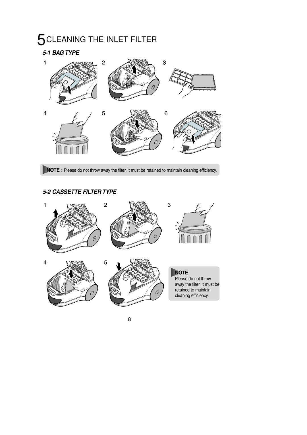 Samsung VCC7820V3G/ALB, VCC7850V3B/XEP, VCC7830V3N/BOL manual 5CLEANING the Inlet Filter, BAG Type Cassette Filter Type 