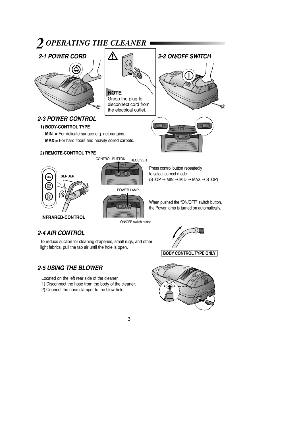 Samsung VCC7970V2W/UMG, VCC7930V3B/GEN, VCC7935V3K/XSG, VCC7920V3R/GEN, VCC7930V2K/BAY 2OPERATING the Cleaner, Power Control 