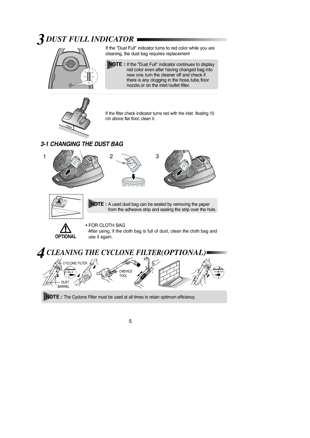 Samsung VCC7920V2K/RUM, VCC7930V3B/GEN, VCC7935V3K/XSG manual 3DUST Full Indicator, 4CLEANING the Cyclone Filteroptional 