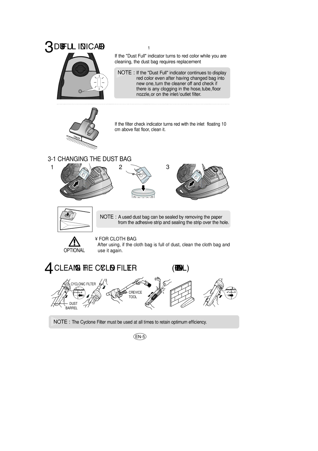 Samsung VCC7935V3B/BOL manual Dust Full Indicator, Cleaning the Cyclone Filteroptional 