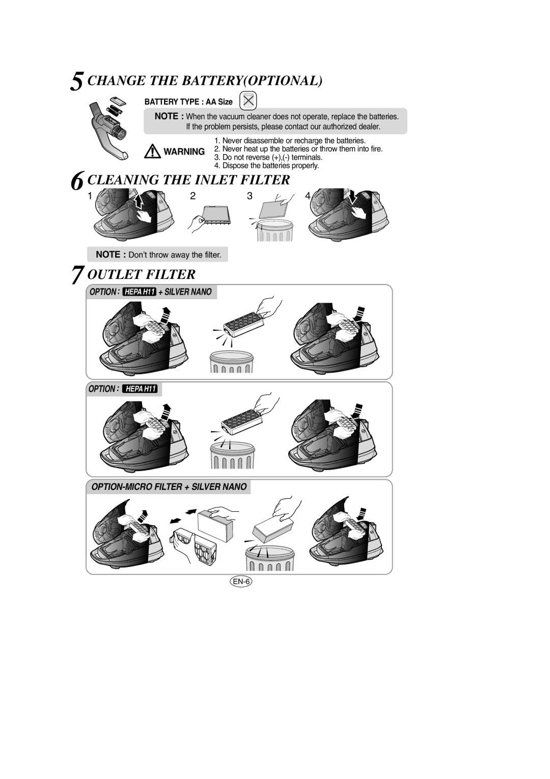 Samsung VCC7935V3B/BOL manual Change the Batteryoptional, Cleaning the Inlet Filter Outlet Filter 