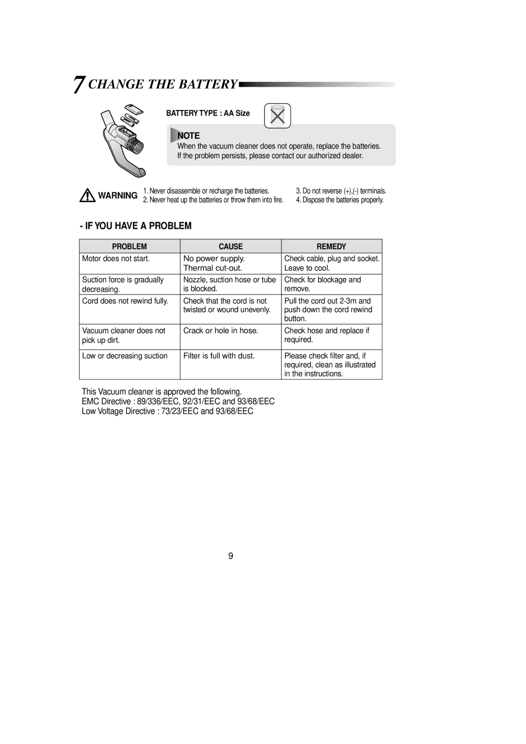 Samsung VCC8020H2S/XST, VCC8020H3S/XFA manual Change the Battery, Problem Cause Remedy 