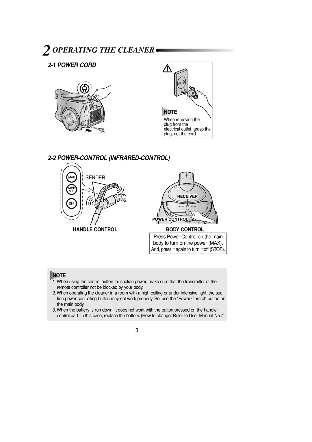 Samsung VCC8020H2S/XST, VCC8020H3S/XFA Operating the Cleaner, Power Cord, Power-Control Infrared-Control, Body Control 