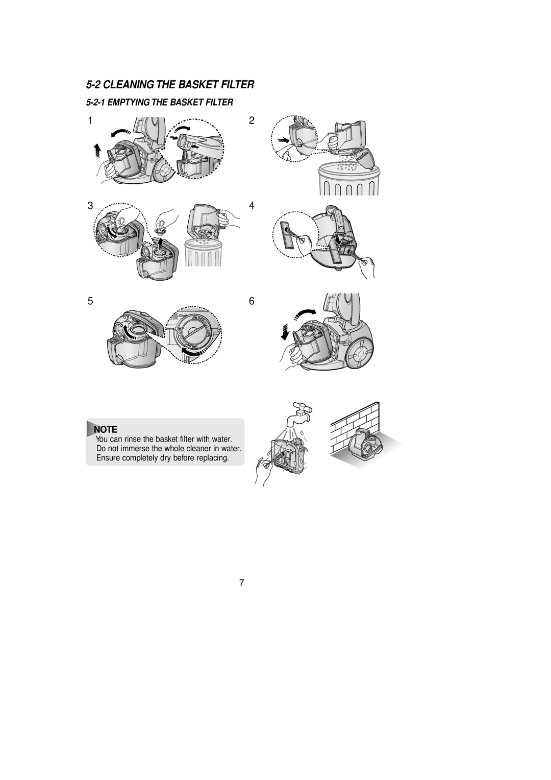 Samsung VCC8020H2S/XST, VCC8020H3S/XFA manual Cleaning the Basket Filter, Emptying the Basket Filter 