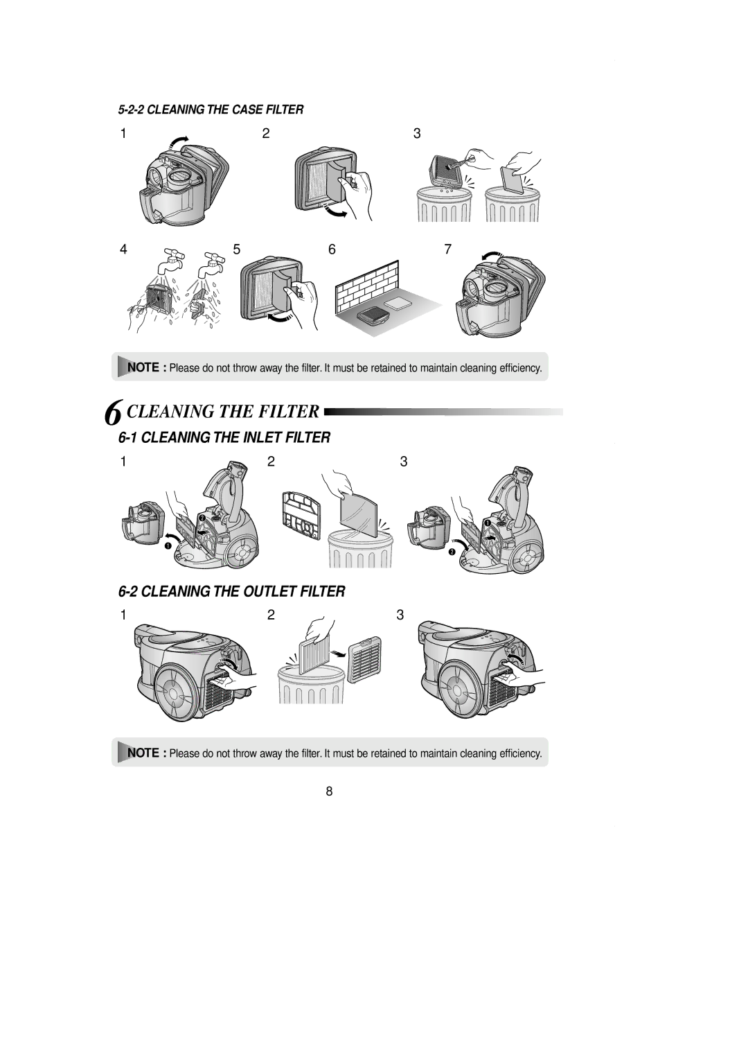 Samsung VCC8040H2S/FAL, VCC8020H2R/HAC manual Cleaning the Filter, Cleaning the Inlet Filter Cleaning the Outlet Filter 