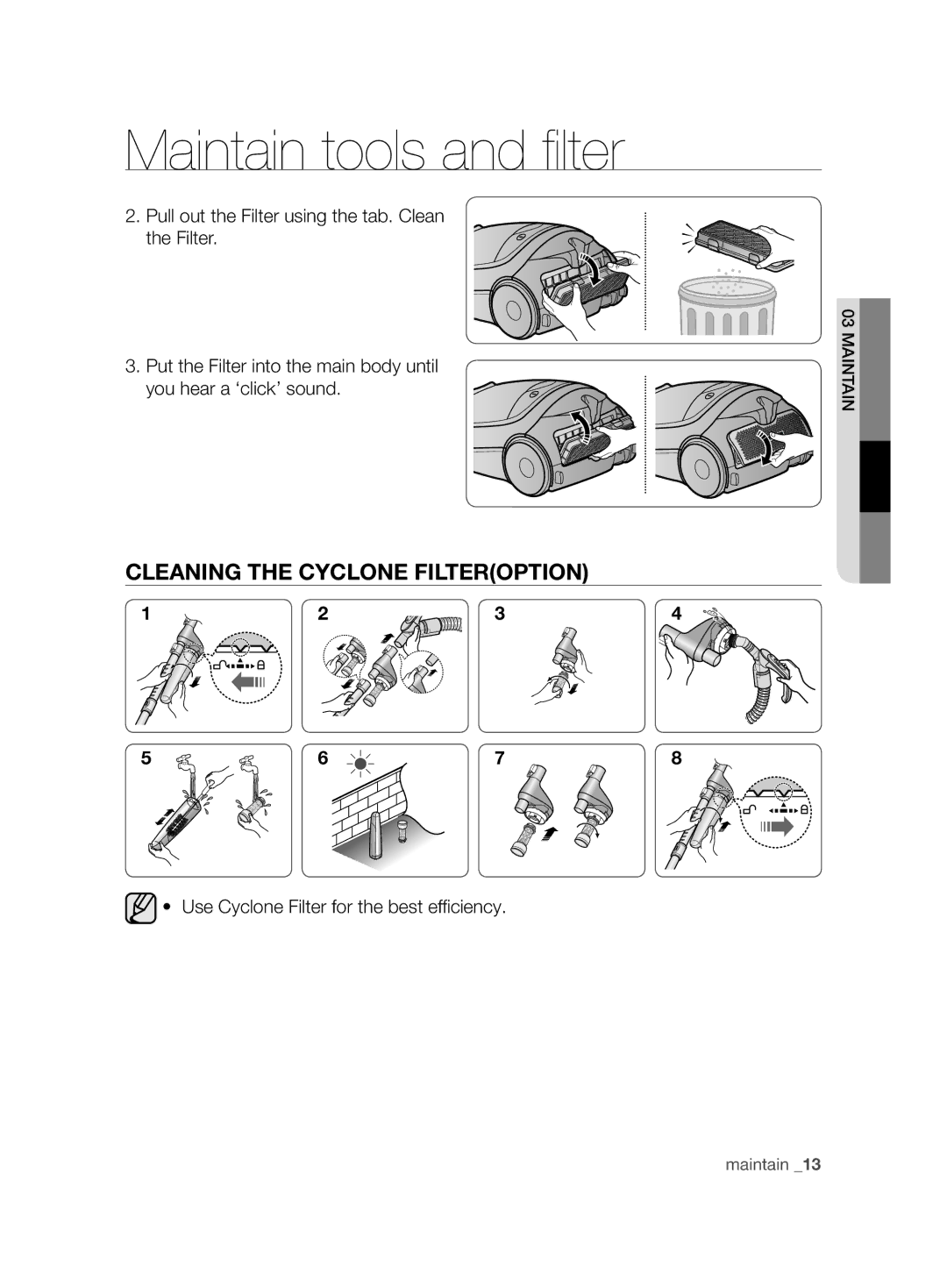 Samsung VCC8240V3R/UMG, VCC8285H3K/UMG, VCC8265H3S/UMG, VCC8245V3R/UMG, VCC8280H3K/UMG manual Cleaning the Cyclone Filteroption 