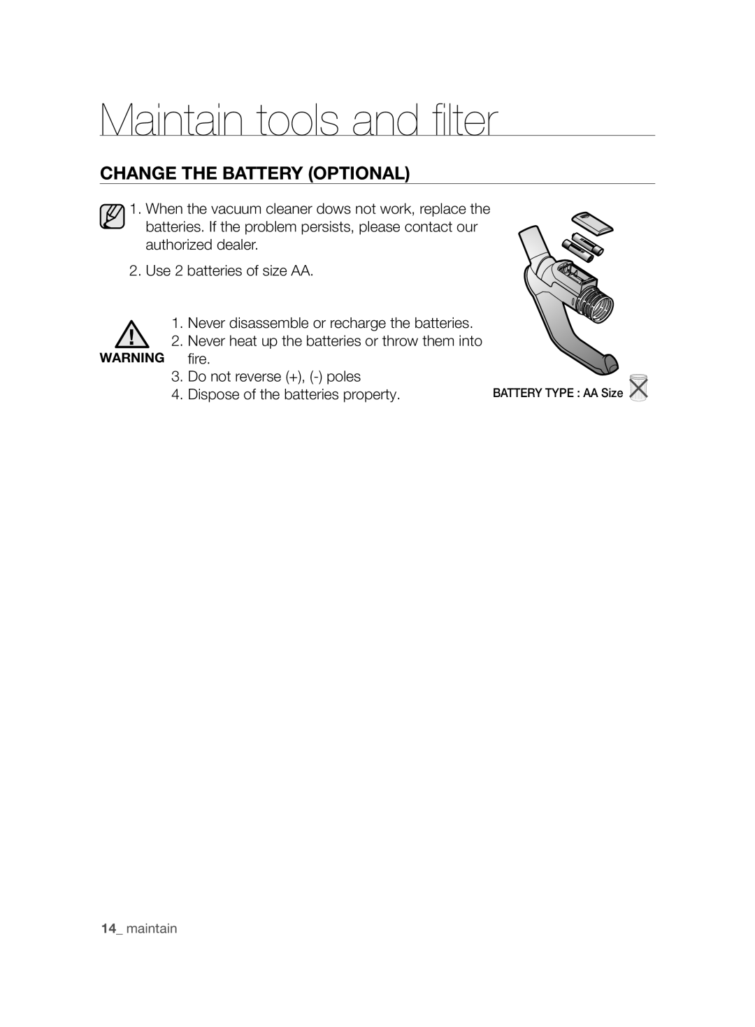 Samsung VCC8280H3K/UMG, VCC8285H3K/UMG, VCC8265H3S/UMG, VCC8245V3R/UMG, VCC8240V3R/UMG manual Change the Battery Optional 