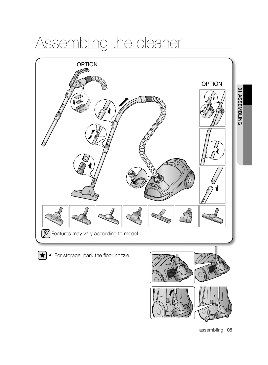 Samsung VCC8285H3K/UMG, VCC8265H3S/UMG, VCC8245V3R/UMG, VCC8240V3R/UMG, VCC8280H3K/UMG manual Assembling the cleaner, Option 