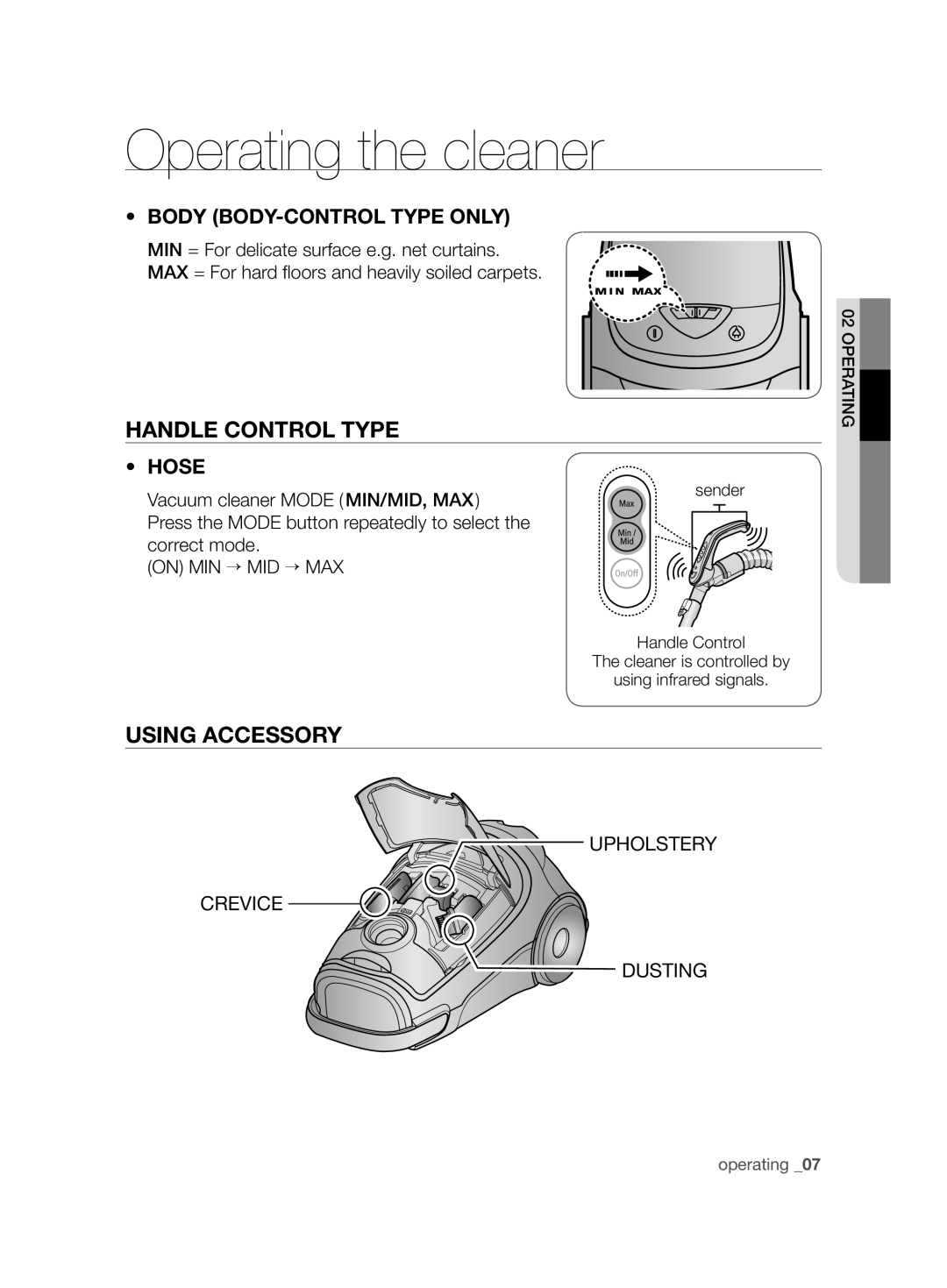 Samsung VCC8245V3R/UMG, VCC8285H3K/UMG, VCC8265H3S/UMG, VCC8240V3R/UMG, VCC8280H3K/UMG Handle Control Type, Using Accessory 