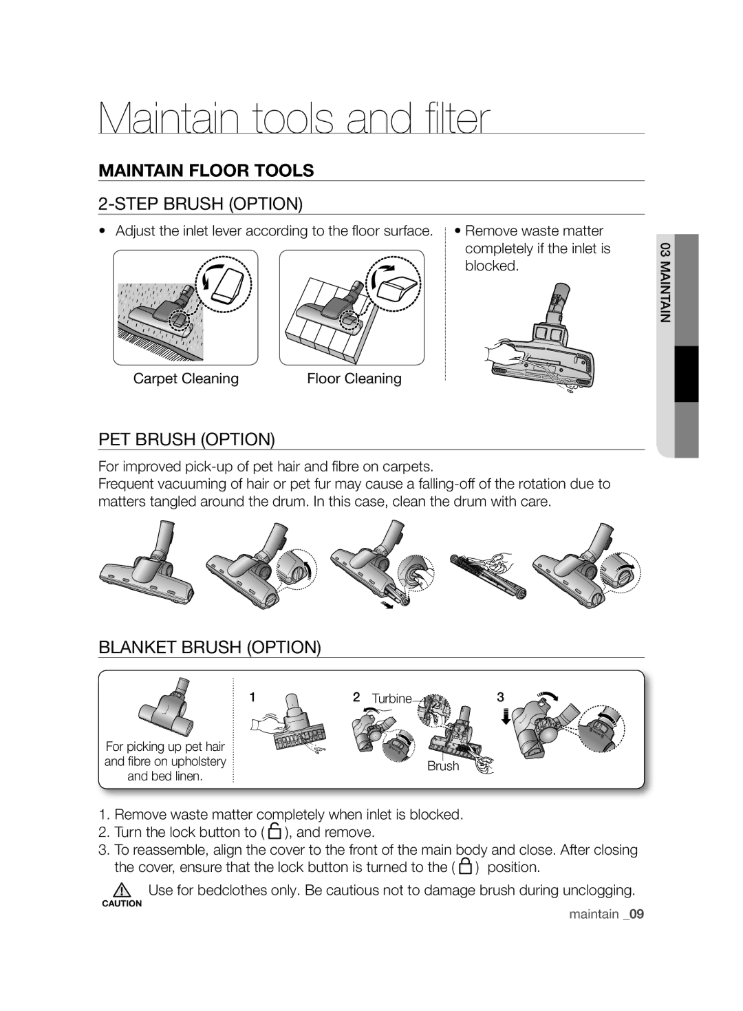 Samsung VCC8280H3K/UMG, VCC8285H3K/UMG Maintain Floor Tools, Step Brush Option, PET Brush Option, Blanket Brush Option 