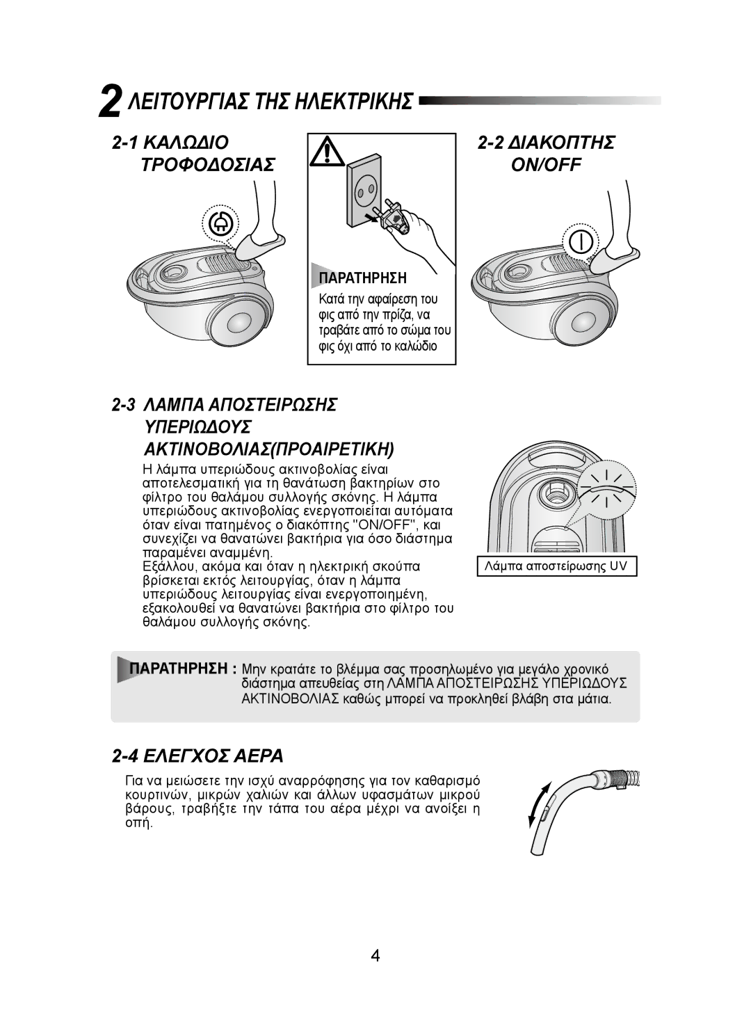 Samsung VCC8300V32/EUR manual Λειτουργιασ ΤΗΣ Ηλεκτρικησ, Καλωδιο Τροφοδοσιασ, Διακοπτησ ON/OFF, Ελεγχοσ Αερα, Παρατηρηση 