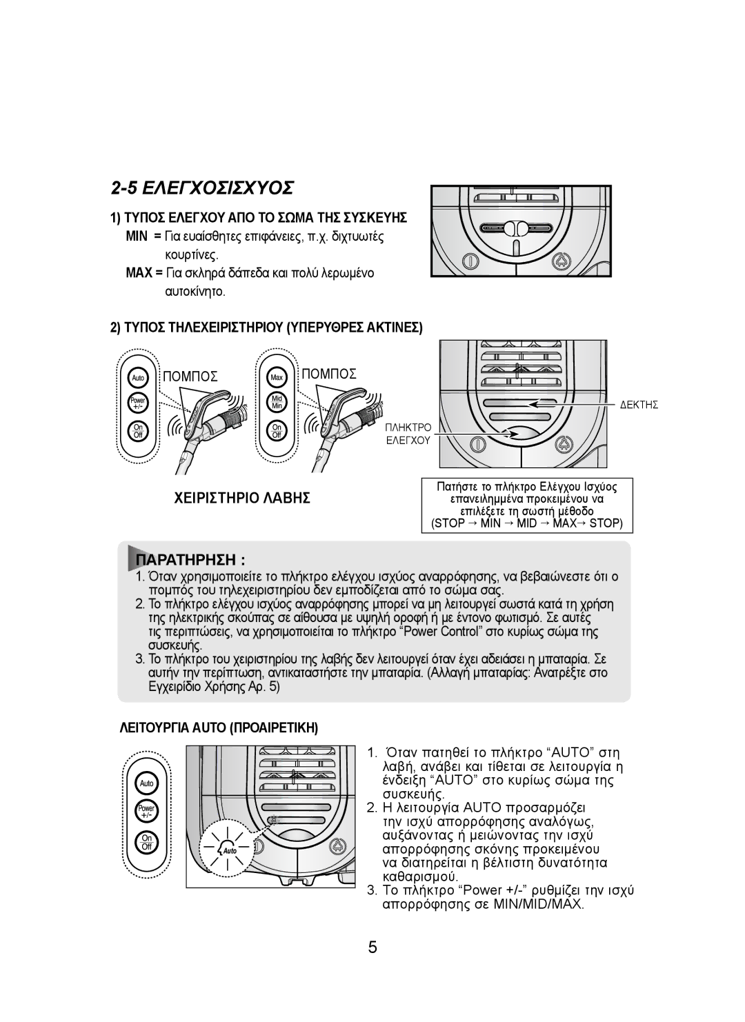 Samsung VCC8300V32/EUR manual Ελεγχοσισχυοσ, Χειριστηριο Λαβησ, Τυποσ Τηλεχειριστηριου Υπερυθρεσ Ακτινεσ 