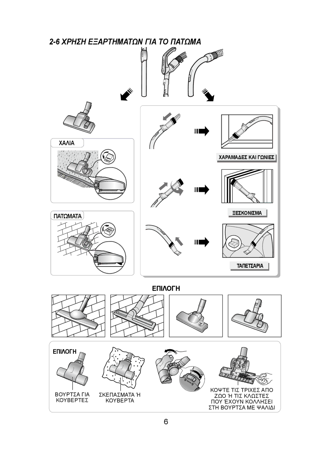 Samsung VCC8300V32/EUR manual Χρηση Εξαρτηματων ΓΙΑ ΤΟ Πατωμα, Χαλια Πατωματα Επιλογη 