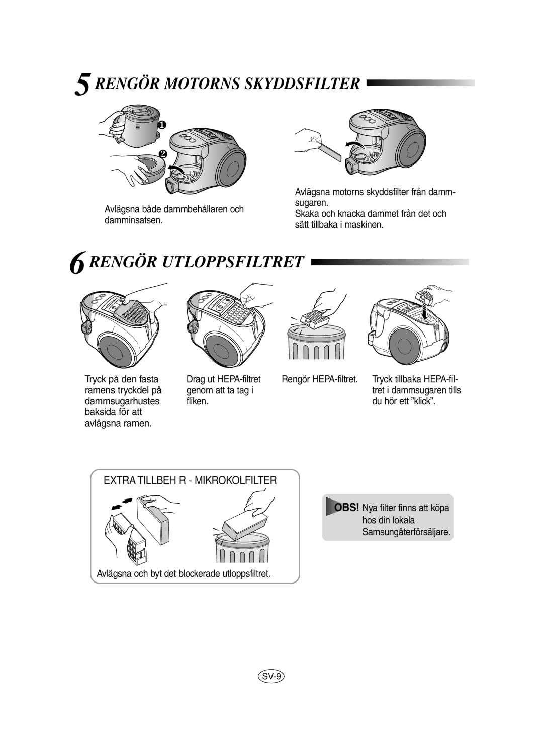 Samsung VCC8480H3R/XEE manual Rengör Motorns Skyddsfilter, Rengör Utloppsfiltret, Tryck på den fasta Drag ut HEPA-filtret 