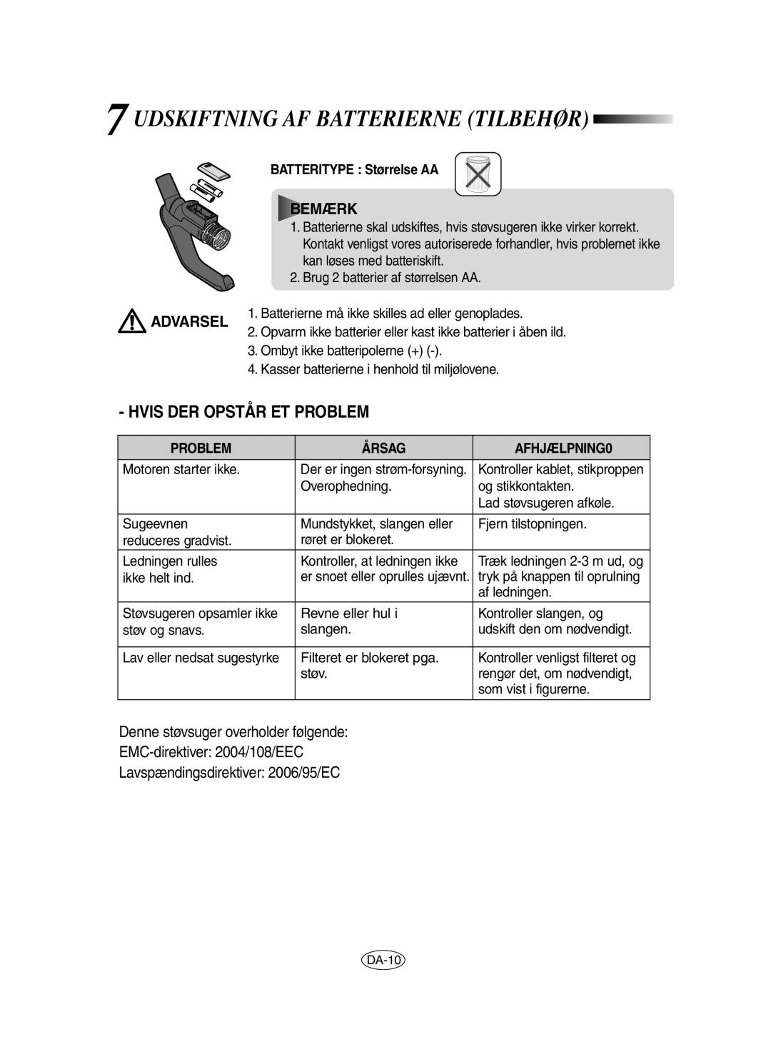 Samsung VCC8420V31/XEE, VCC8430V3S/XEE, VCC8480H3R/XEE manual Udskiftning AF Batterierne Tilbehør, Problem Årsag AFHJÆLPNING0 