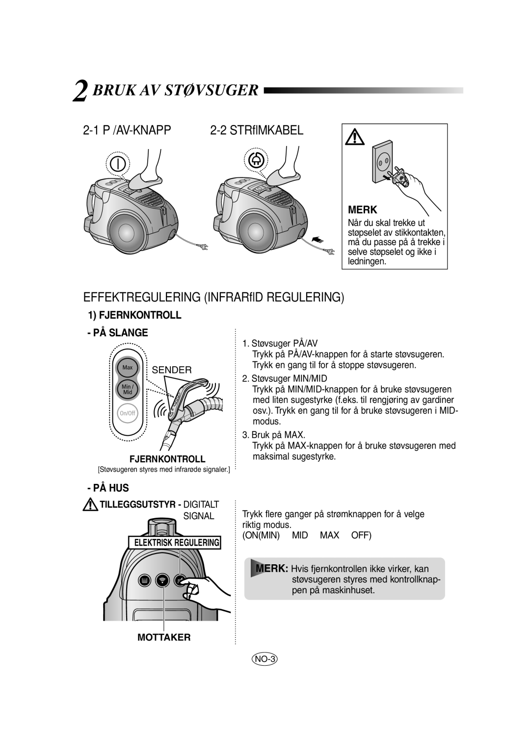 Samsung VCC8480H3R/XEE, VCC8430V3S/XEE, VCC8420V31/XEE Bruk AV Støvsuger, På/Av-Knapp, Effektregulering Infrarød Regulering 