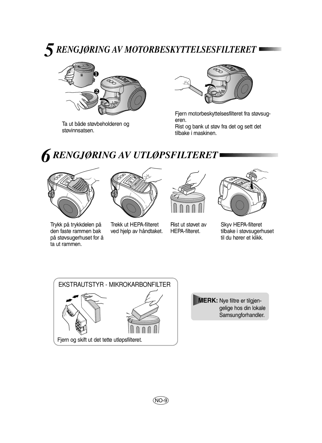 Samsung VCC8480H3R/XEE, VCC8430V3S/XEE manual Rengjøring AV Motorbeskyttelsesfilteret, Rengjøring AV Utløpsfilteret 