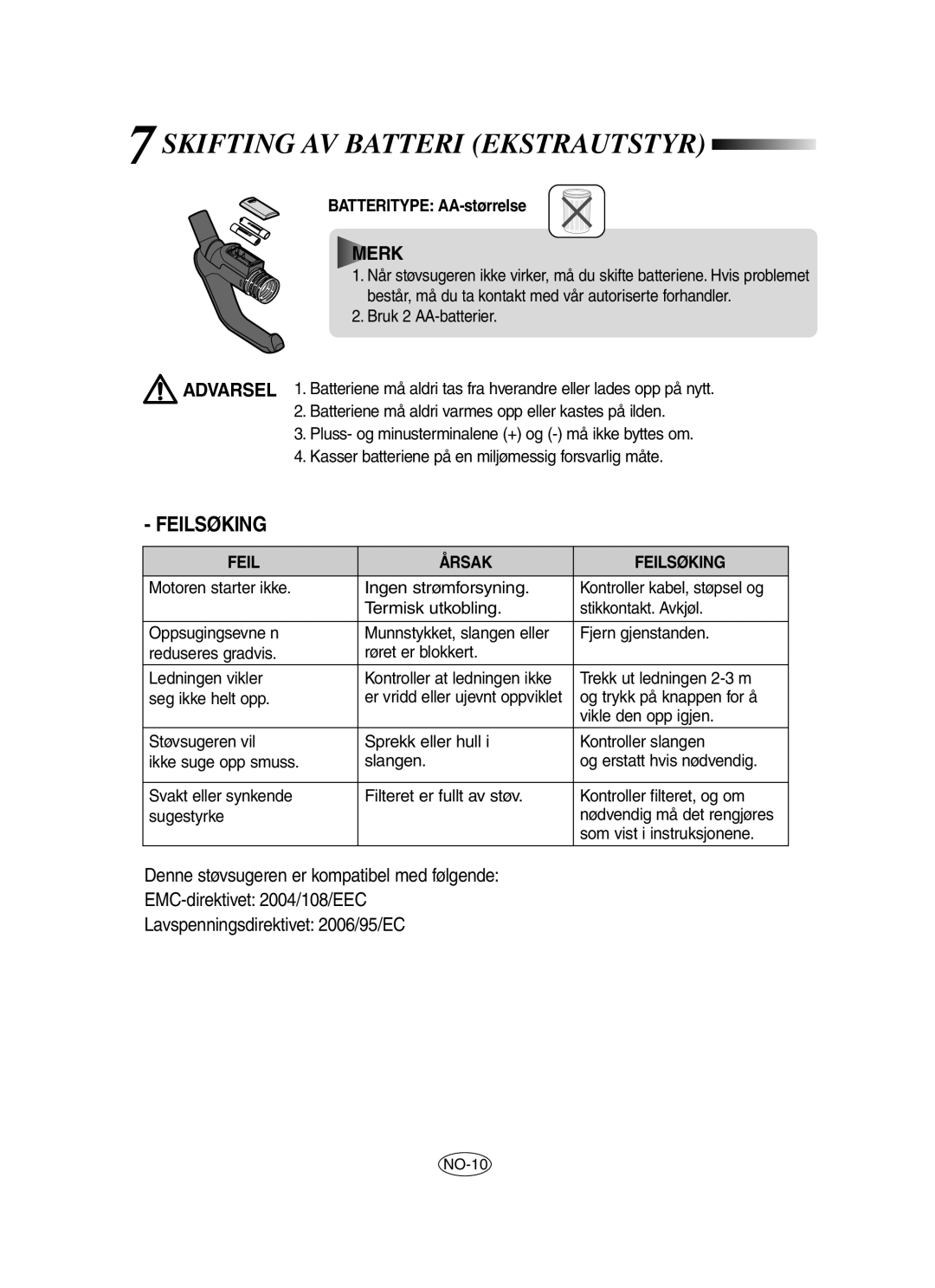 Samsung VCC8420V31/XEE, VCC8430V3S/XEE, VCC8480H3R/XEE manual Skifting AV Batteri Ekstrautstyr, Feil Årsak Feilsøking 