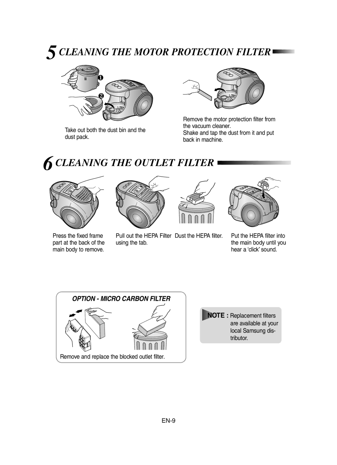 Samsung VCC8451H3B/SBW, VCC8431V3R/SBW manual 5CLEANING the Motor Protection Filter, 6CLEANING the Outlet Filter 