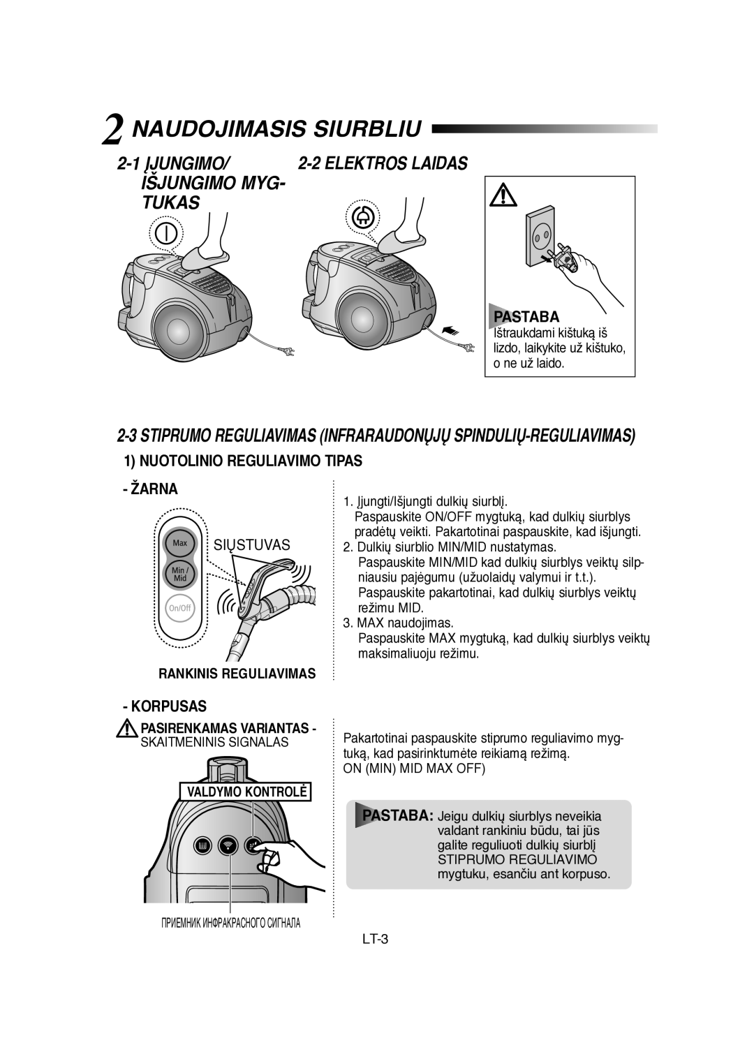 Samsung VCC8451H3B/SBW, VCC8431V3R/SBW manual Øjungimo, Išjungimo MYG Tukas, Rankinis Reguliavimas, Pasirenkamas Variantas 