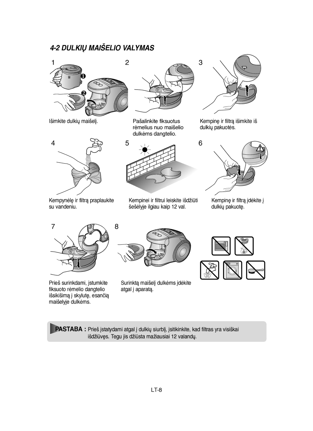 Samsung VCC8431V3R/SBW, VCC8451H3B/SBW manual Dulkið Maišelio Valymas, Su vandeniu Šešòlyje ilgiau kaip 12 val 