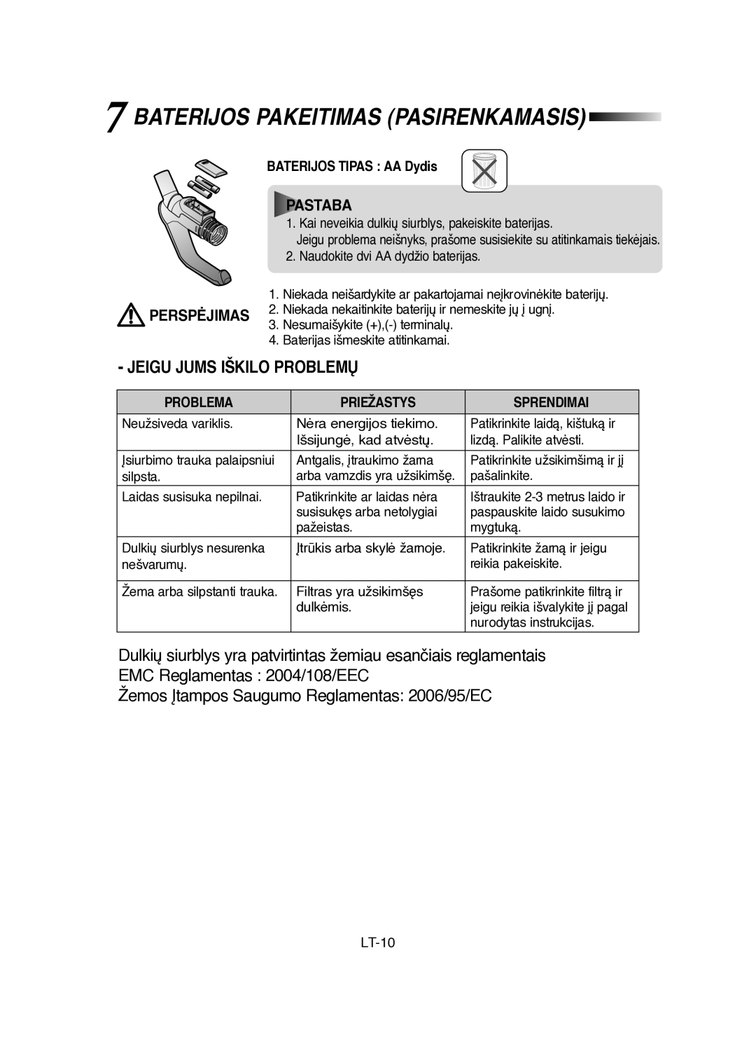 Samsung VCC8431V3R/SBW, VCC8451H3B/SBW manual Baterijos Pakeitimas Pasirenkamasis, Problema Priežastys Sprendimai 