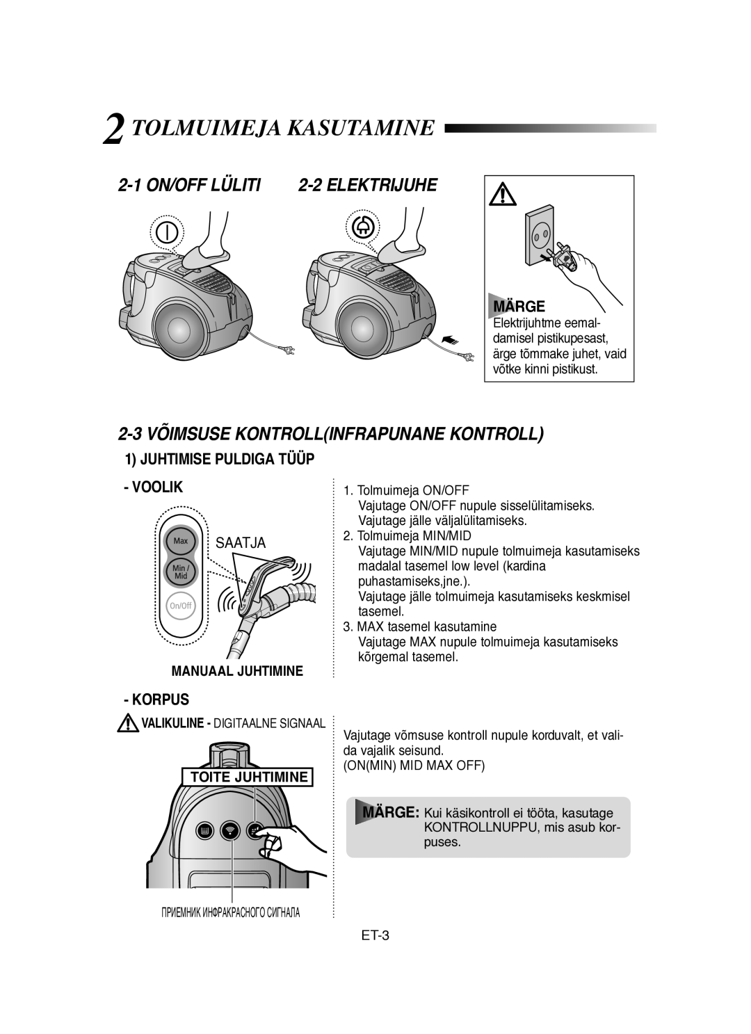 Samsung VCC8431V3R/SBW Tolmuimeja Kasutamine, ON/OFF Lüliti, Võimsuse Kontrollinfrapunane Kontroll, Manuaal Juhtimine 