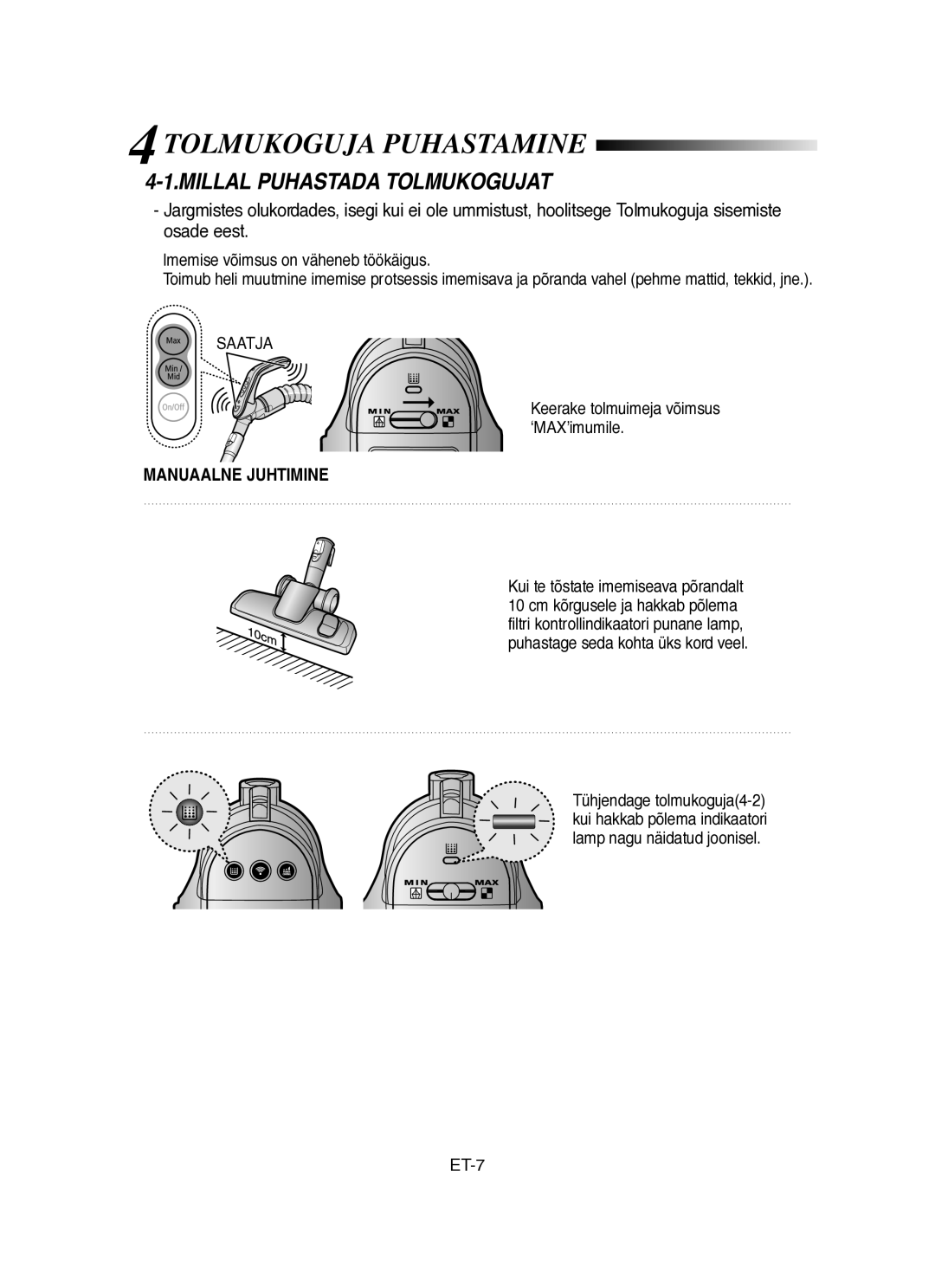 Samsung VCC8431V3R/SBW, VCC8451H3B/SBW manual Tolmukoguja Puhastamine, Millal Puhastada Tolmukogujat, Manuaalne Juhtimine 