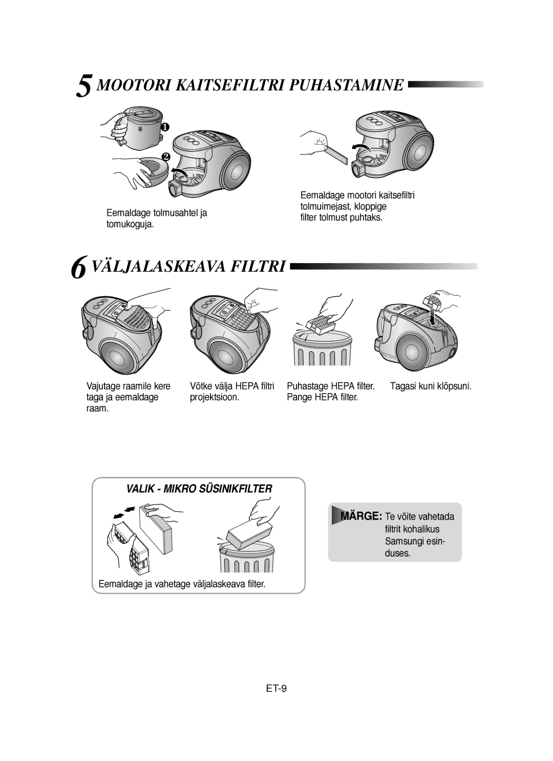 Samsung VCC8431V3R/SBW, VCC8451H3B/SBW manual Mootori Kaitsefiltri Puhastamine, Väljalaskeava Filtri 