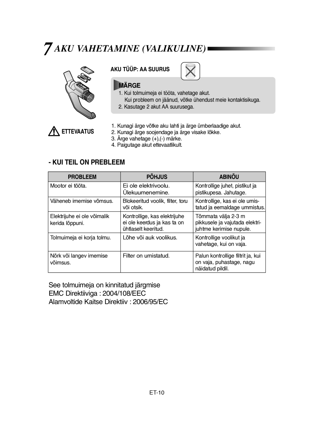 Samsung VCC8451H3B/SBW, VCC8431V3R/SBW manual AKU Vahetamine Valikuline, AKU Tüüp AA Suurus, Probleem Põhjus Abinõu 