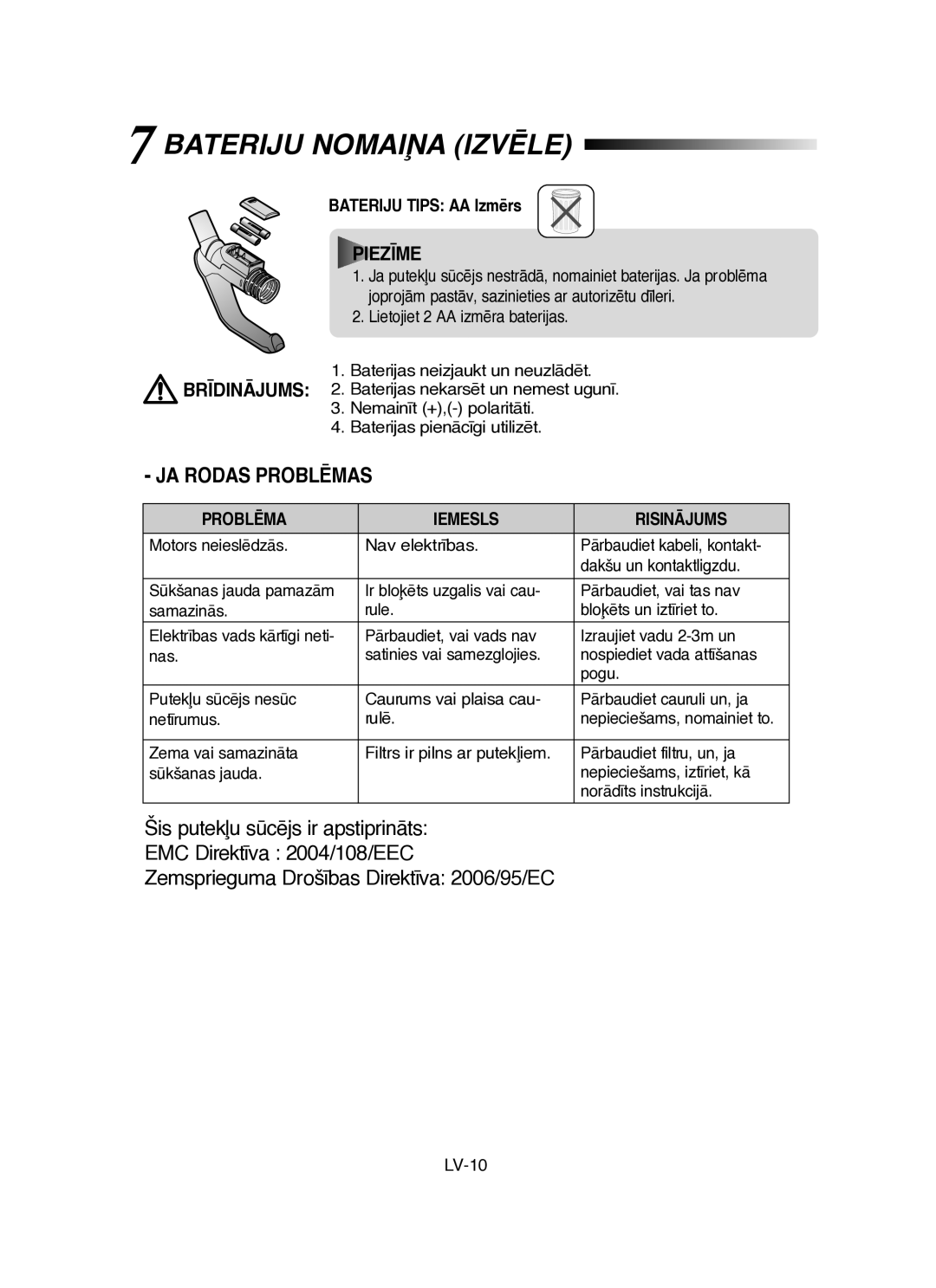 Samsung VCC8431V3R/SBW, VCC8451H3B/SBW manual Bateriju NOMAIøA IZVîLE, Iemesls Risinåjums 