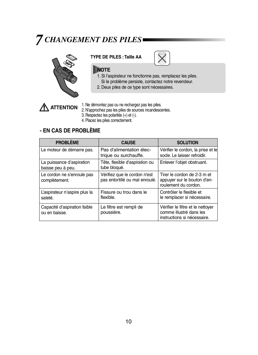 Samsung VCC8450H3G/XEH, VCC8460H3B/XEF, VCC8470H3O/XEF, VCC8420V31/XEF manual Changement DES Piles, Problème Cause Solution 