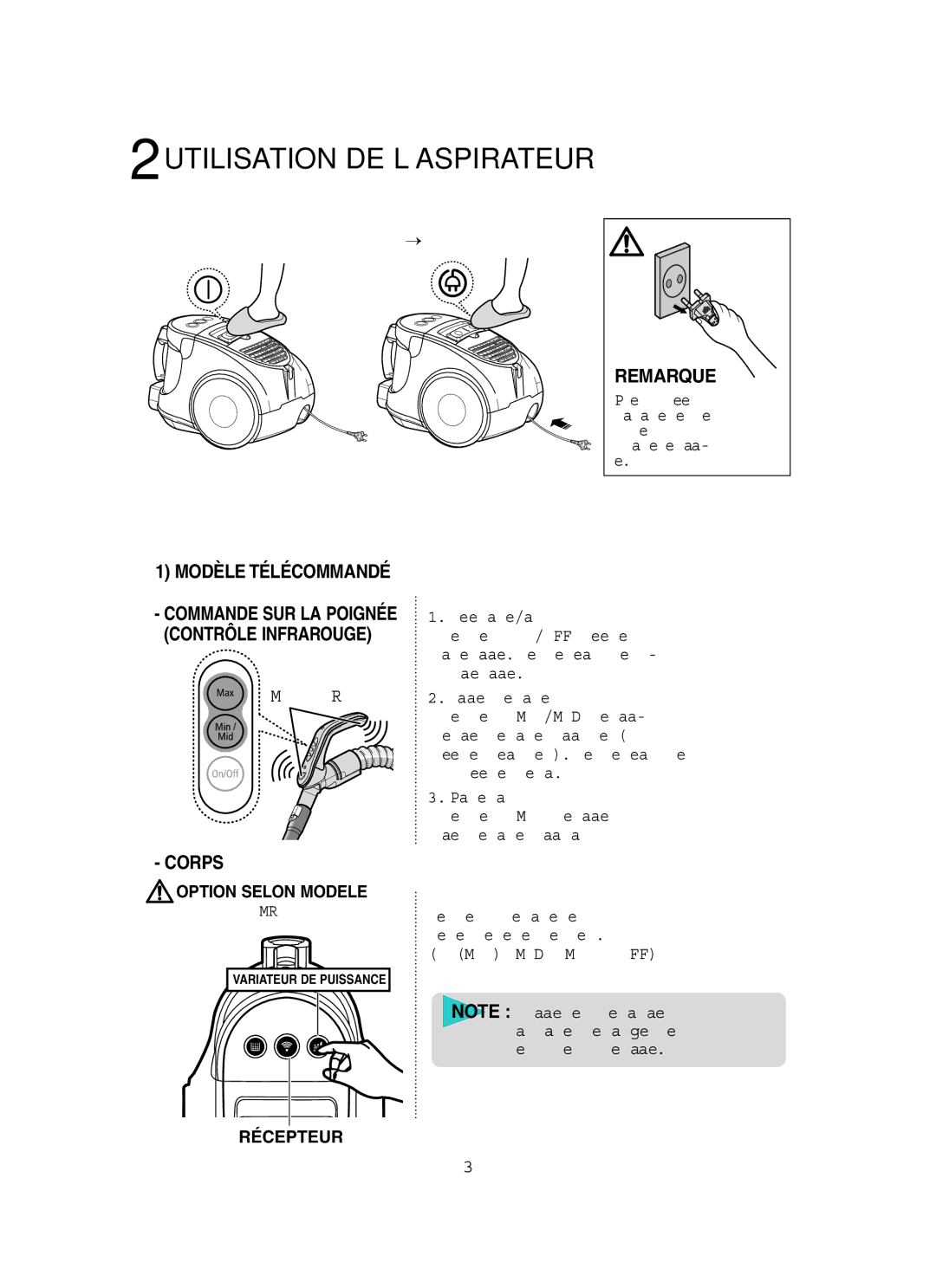 Samsung VCC8461H3B/XEF manual Utilisation DE L’ASPIRATEUR, Commande SUR LA Poignée Contrôle Infrarouge, Option Selon Modele 