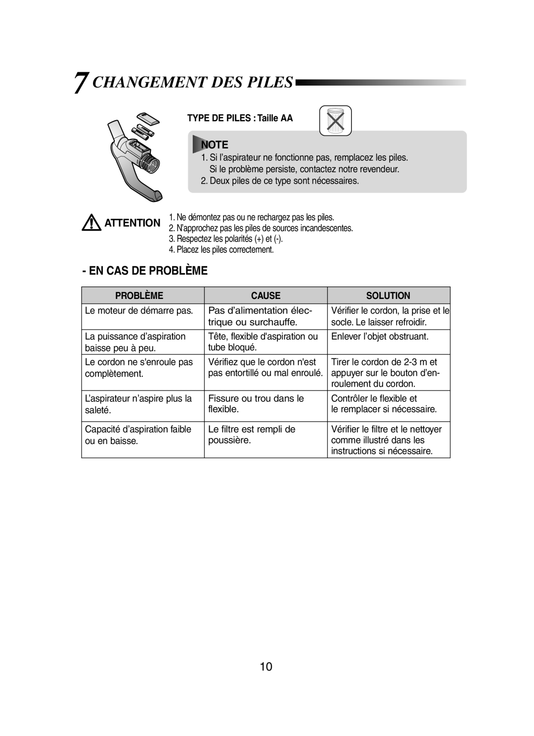 Samsung VCC8450H3G/XEH, VCC8460H3B/XEF, VCC8470H3O/XEF, VCC8420V31/XEF manual Changement DES Piles, Problème Cause Solution 