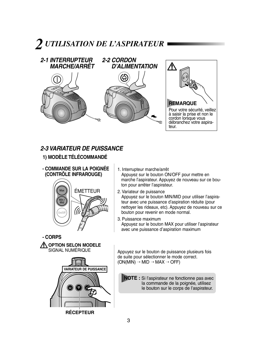 Samsung VCC8461H3B/XEF manual Utilisation DE L’ASPIRATEUR, Commande SUR LA Poignée Contrôle Infrarouge, Option Selon Modele 